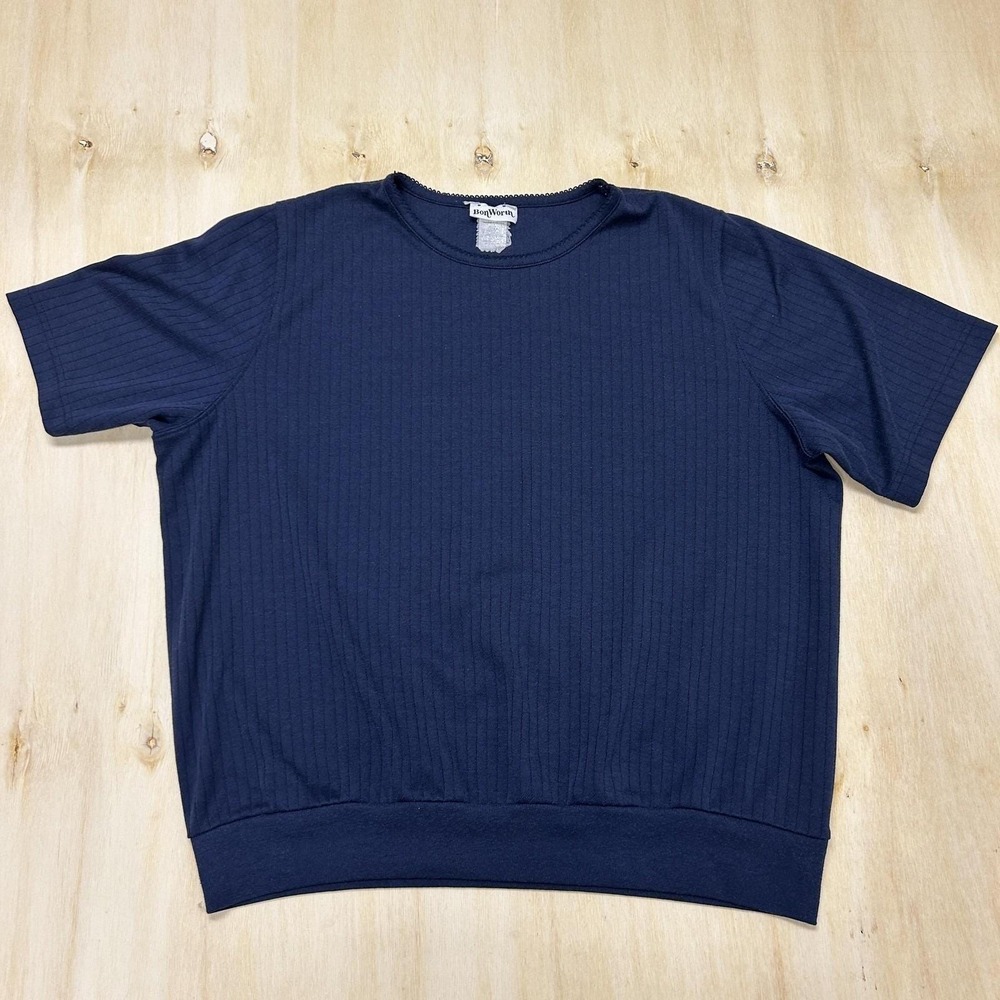 Vintage BonWorth Shirt Womens XL Blue Ribbed Knit Crew Neck Short Sleeve Top